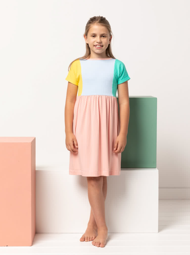 Lacey Kids Dress By Style Arc - Easy slip on dress with an extended shoulder, square line bodice and slightly gathered skirt.