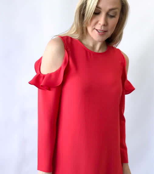 Lara Jane Dress Sewing Pattern By Style Arc - Fashionable cold shoulder dress with sleeve flounce.