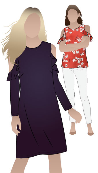 Lara Jane Dress By Style Arc - Fashionable cold shoulder dress with sleeve flounce.