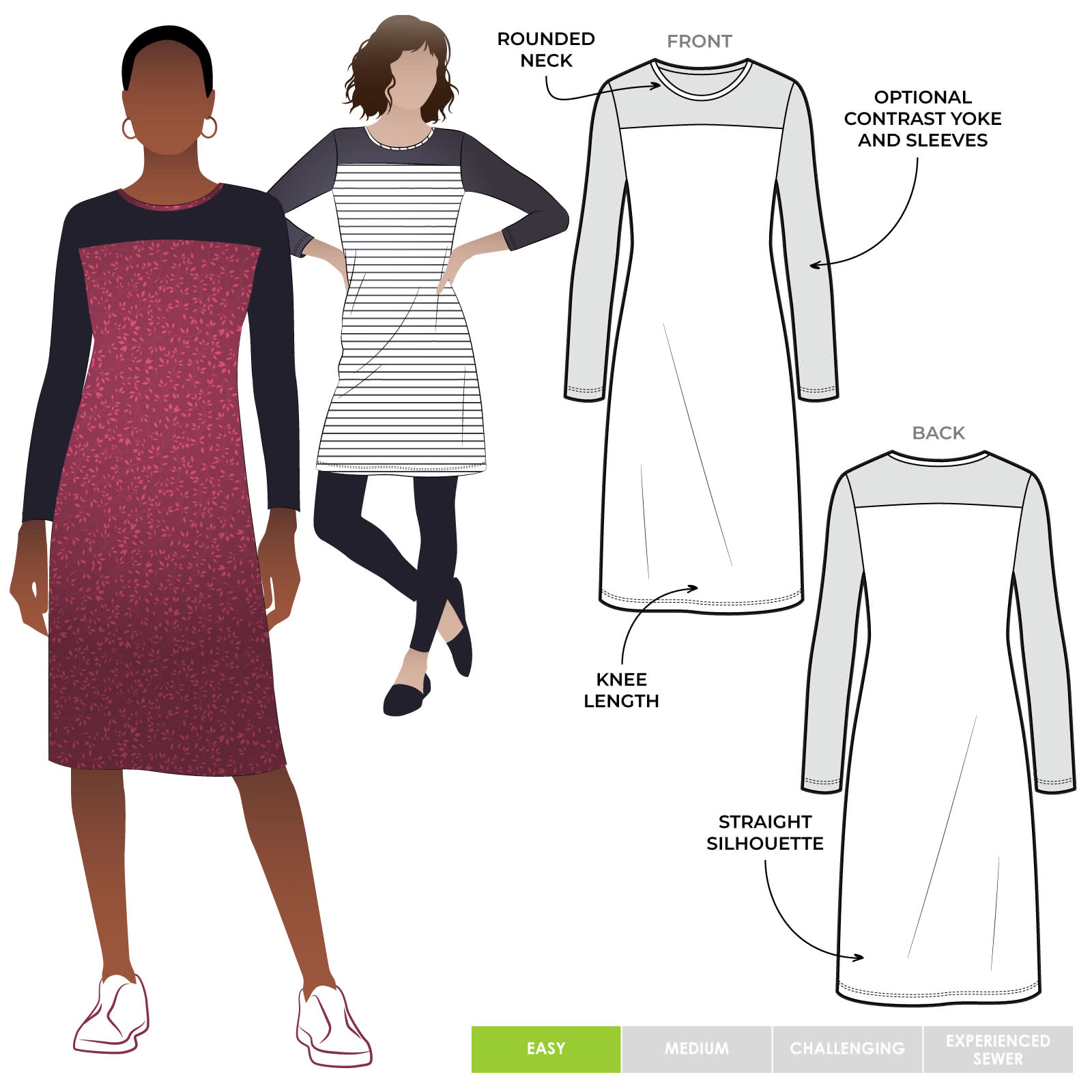 Laura Knit Dress Sewing Pattern By Style Arc - Simple pull on dress with contrast yoke & sleeves