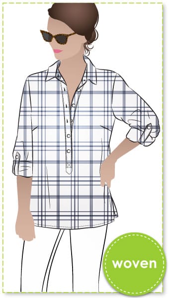 Lennie Over-Shirt By Style Arc - Classic overshirt features a shirt collar, 3/4 front tab and full-length sleeve with optional button tab.