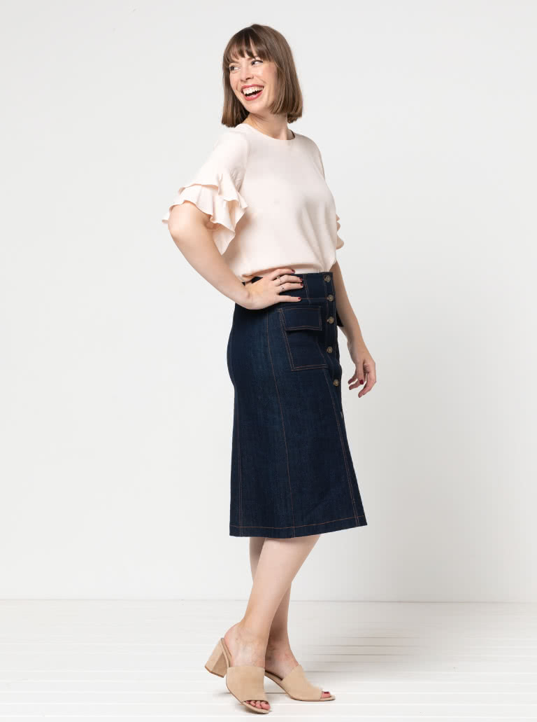 Lennox Woven Skirt By Style Arc - "A" line panelled, button though skirt with patch pockets, this skirt comes in two lengths.