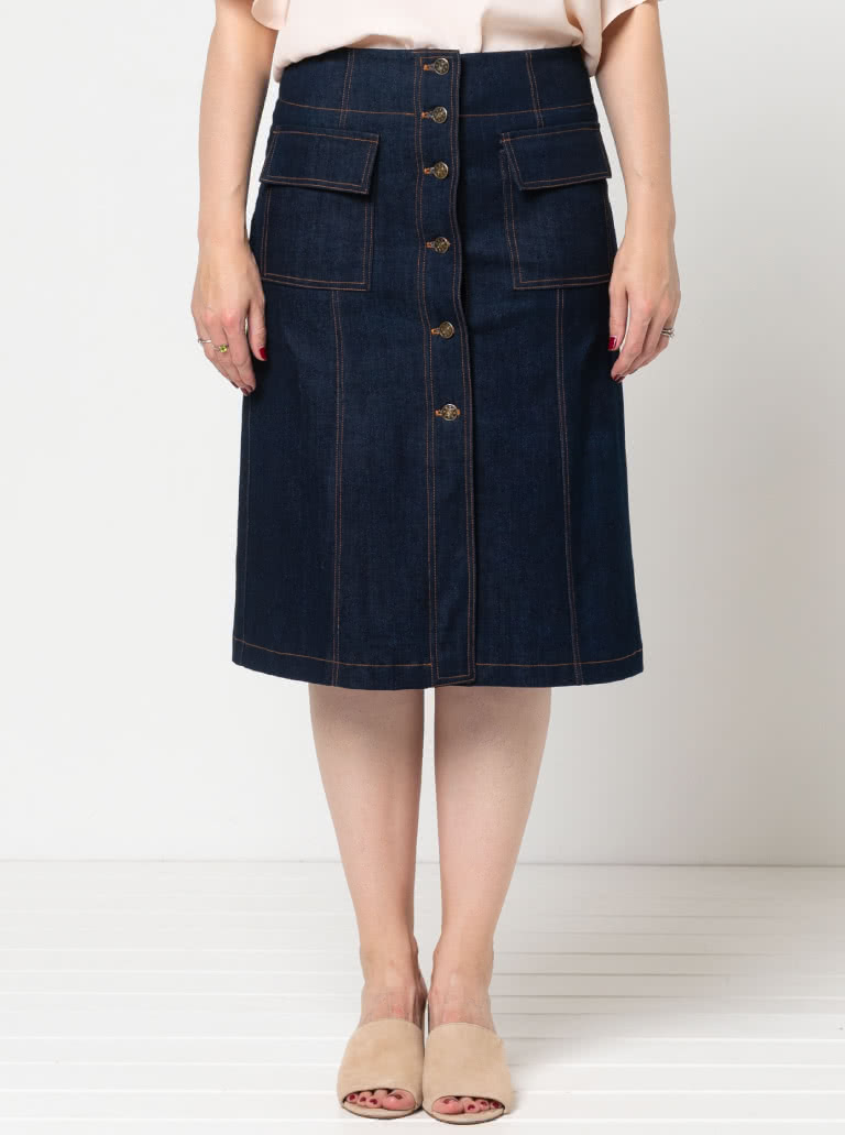 Lennox Woven Skirt By Style Arc - "A" line panelled, button though skirt with patch pockets, this skirt comes in two lengths.