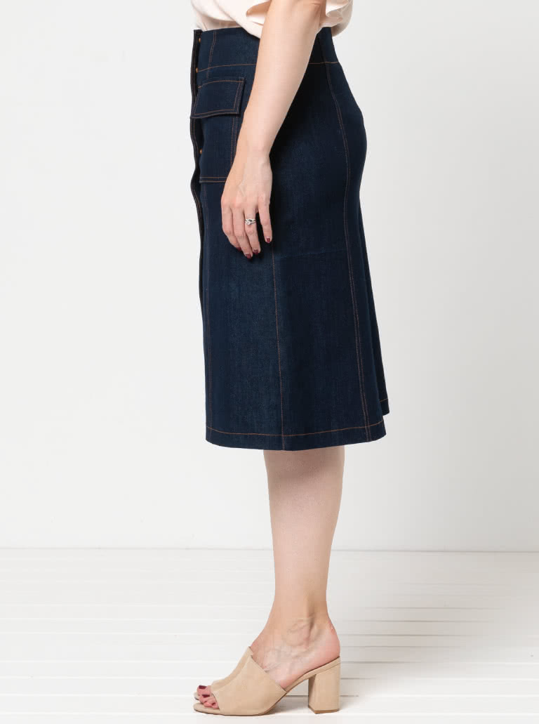 Lennox Woven Skirt By Style Arc - "A" line panelled, button though skirt with patch pockets, this skirt comes in two lengths.