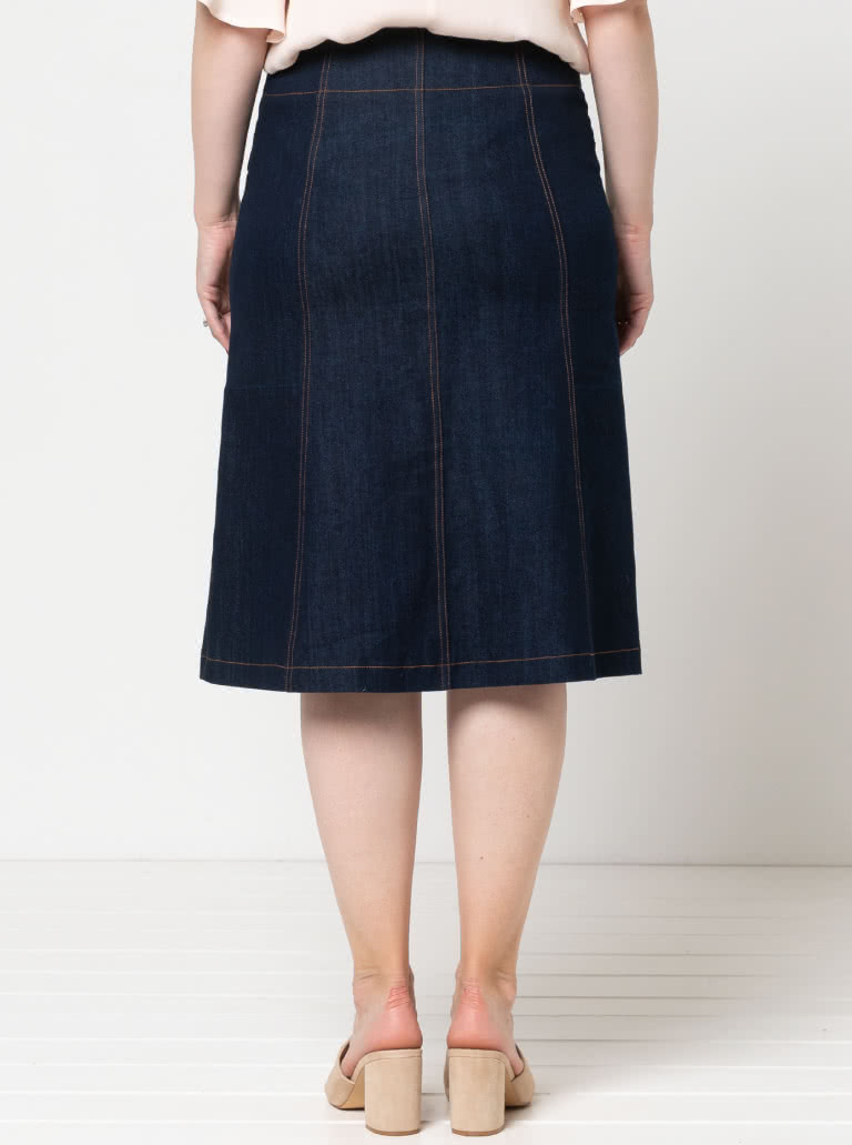 Lennox Woven Skirt By Style Arc - "A" line panelled, button though skirt with patch pockets, this skirt comes in two lengths.