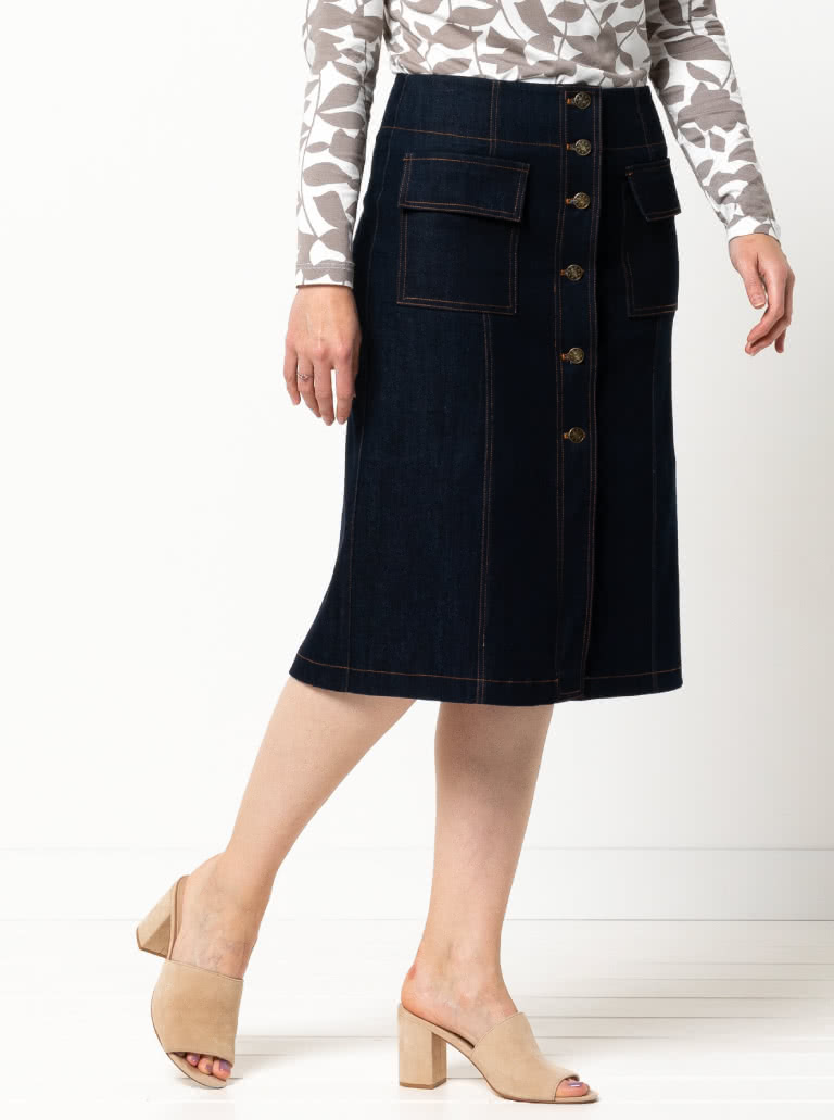 Lennox Woven Skirt By Style Arc - "A" line panelled, button though skirt with patch pockets, this skirt comes in two lengths.