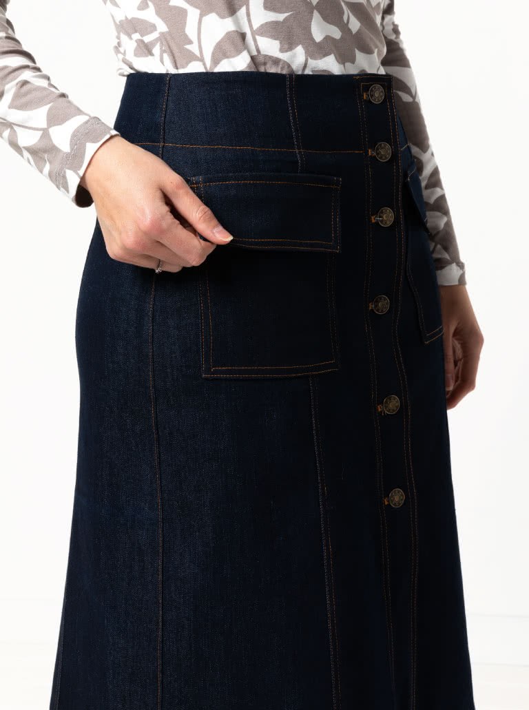 Lennox Woven Skirt By Style Arc - "A" line panelled, button though skirt with patch pockets, this skirt comes in two lengths.