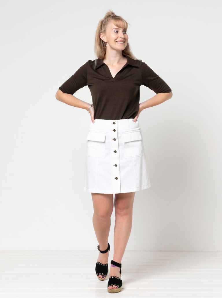 Lennox Woven Skirt By Style Arc - "A" line panelled, button though skirt with patch pockets, this skirt comes in two lengths.