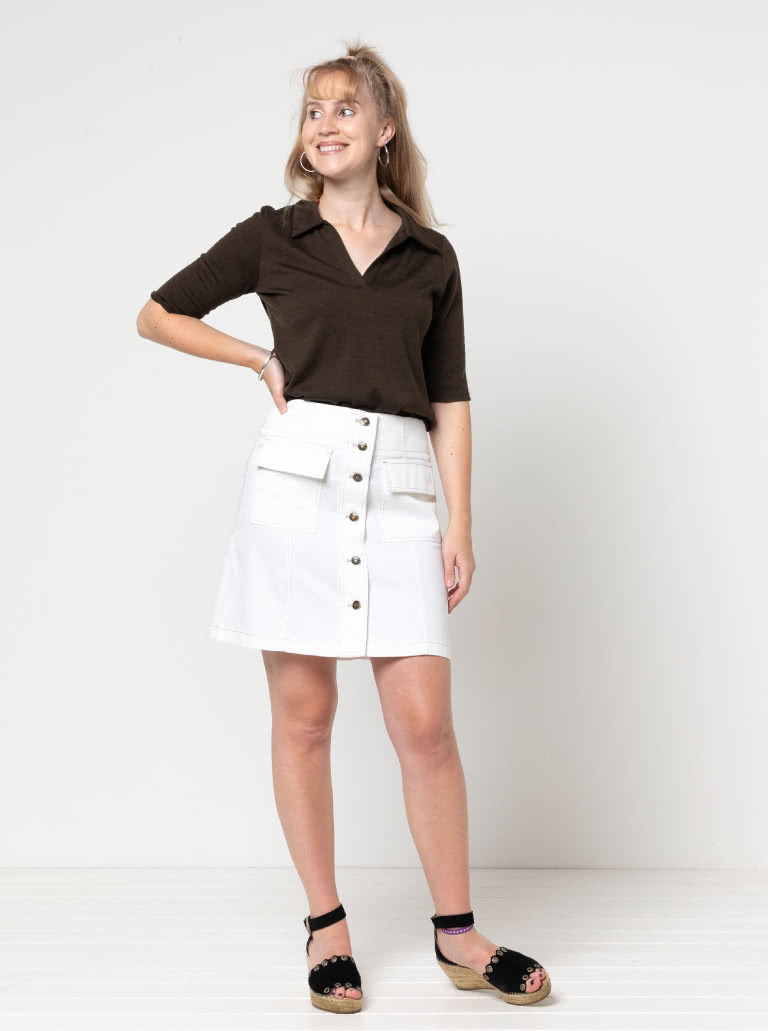 Lennox Woven Skirt By Style Arc - "A" line panelled, button though skirt with patch pockets, this skirt comes in two lengths.