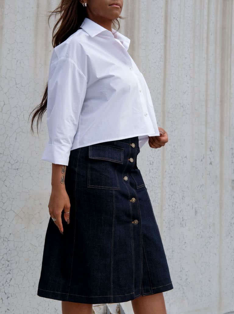 Lennox Woven Skirt By Style Arc - "A" line panelled, button though skirt with patch pockets, this skirt comes in two lengths.