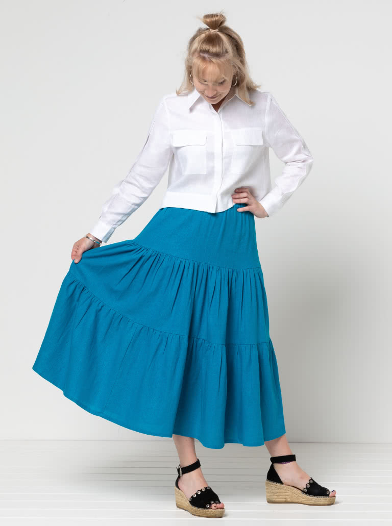 Lila Tiered Skirt By Style Arc - Mid length three tired elastic waist skirt.