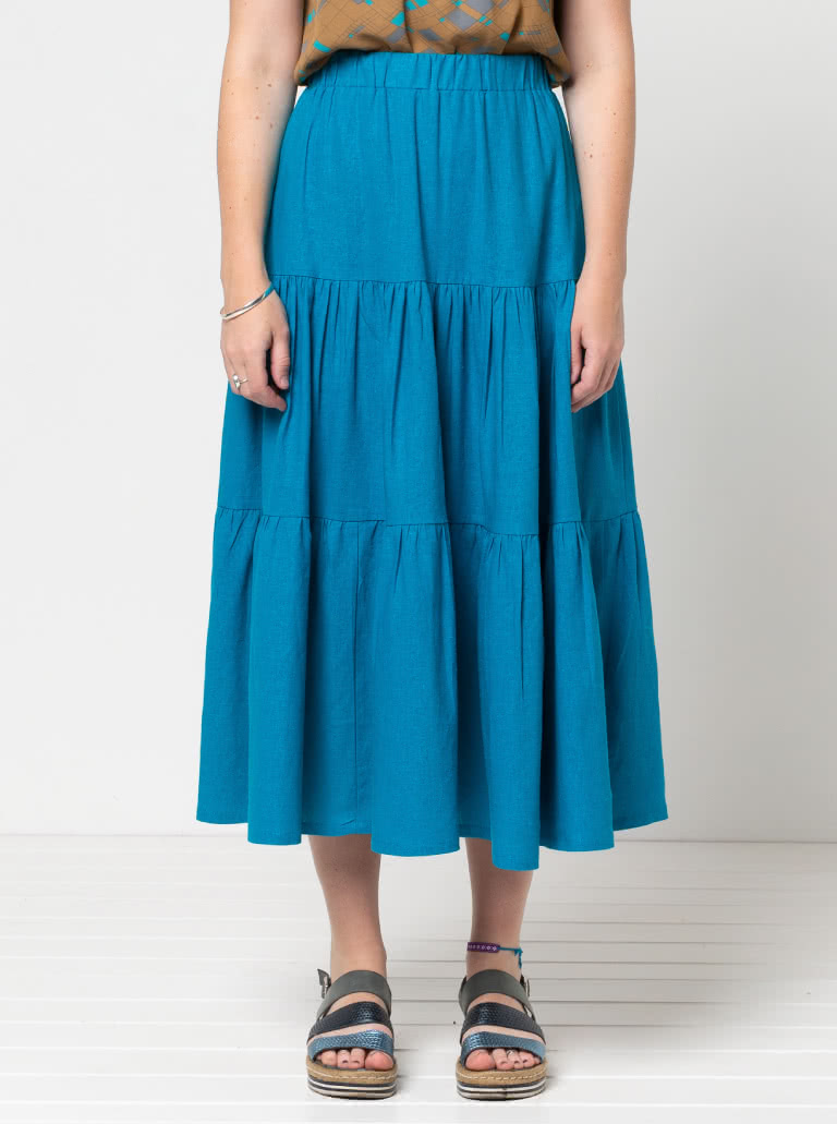 Lila Tiered Skirt By Style Arc - Mid length three tired elastic waist skirt.