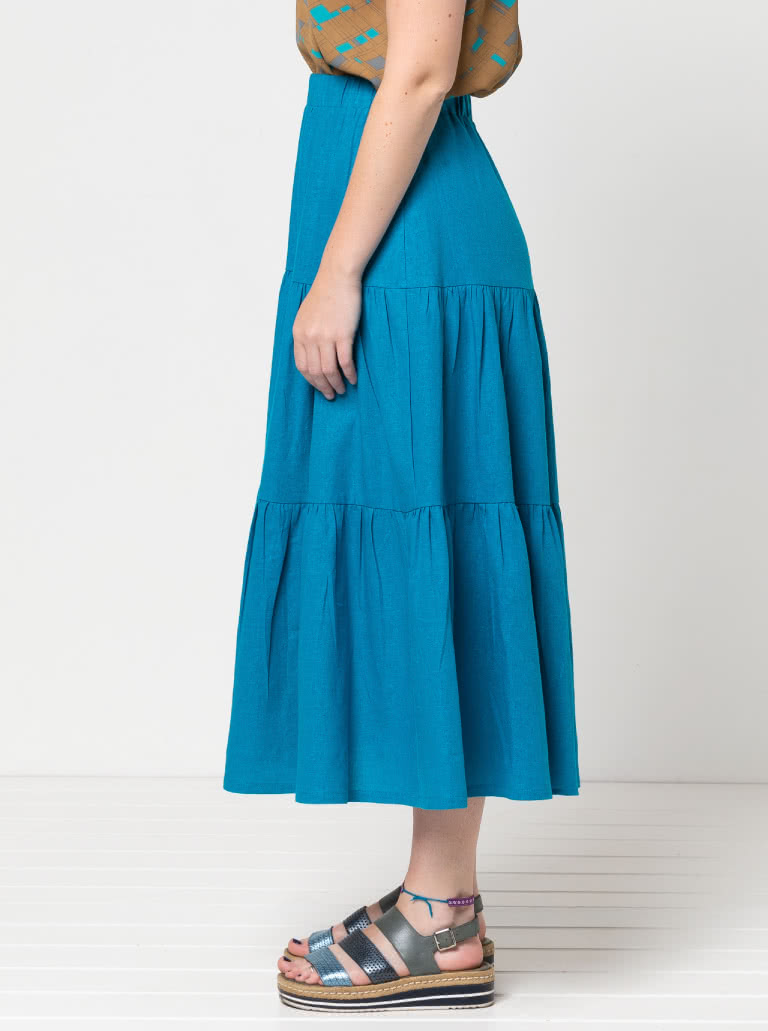 Lila Tiered Skirt By Style Arc - Mid length three tired elastic waist skirt.