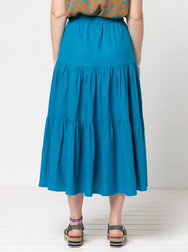 Lila Tiered Skirt By Style Arc - Mid length three tired elastic waist skirt.