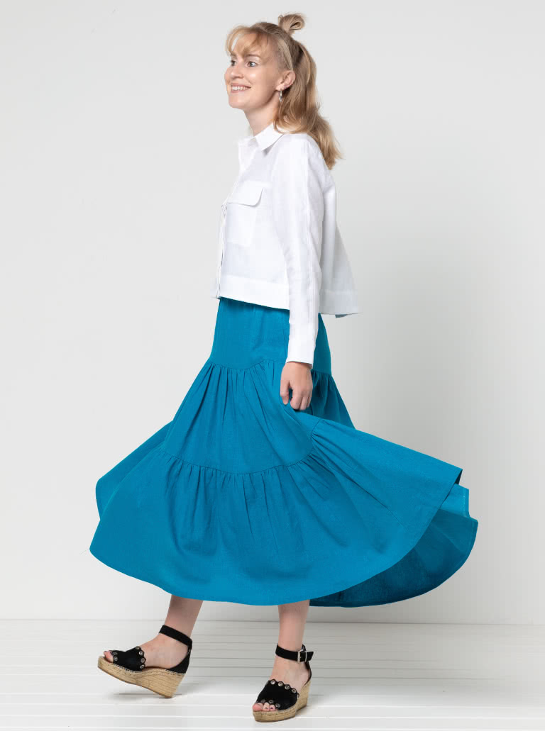 Lila Tiered Skirt By Style Arc - Mid length three tired elastic waist skirt.