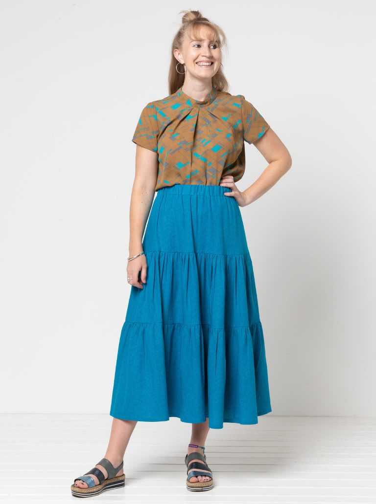 Lila Tiered Skirt By Style Arc - Mid length three tired elastic waist skirt.