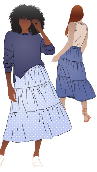 Lila Tiered Skirt By Style Arc - Mid length three tired elastic waist skirt.