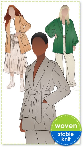Loren Jacket Extension Pack By Style Arc - Change up your Loren Jacket with this extension pack featuring two collar styles, two sleeve options, plus belt and pocket options. You will also need the original Loren Jacket sewing pattern to use this extension pack.