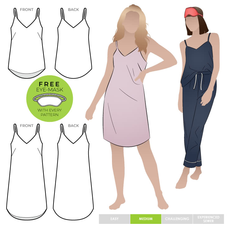 Loungewear Camisole or Nightie By Style Arc - V-neck camisole and nightie sewing pattern