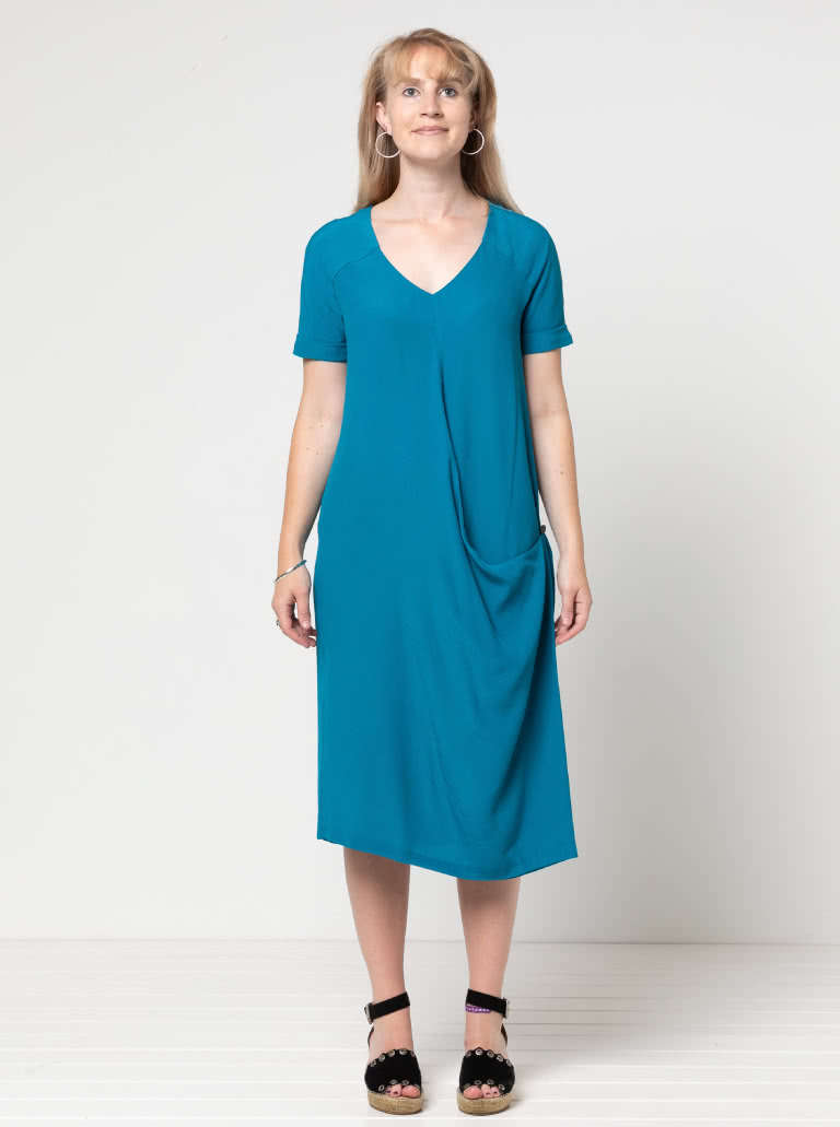 Maeve Woven Dress By Style Arc - "V" neck, drape front dress with front and back extended yokes