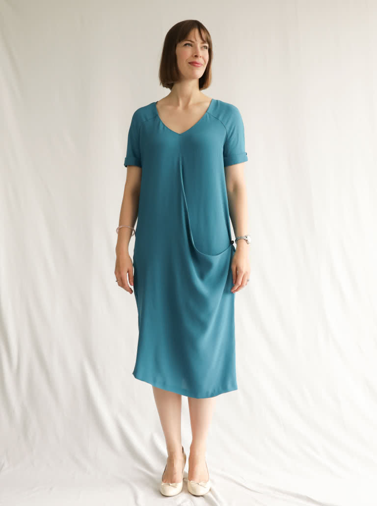 Maeve Woven Dress By Style Arc - "V" neck, drape front dress with front and back extended yokes