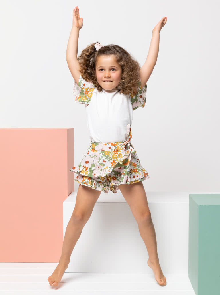 Margot Kids Skort By Style Arc - Cute skort with frills and front over lay which ties on the side, for kids 2 - 8