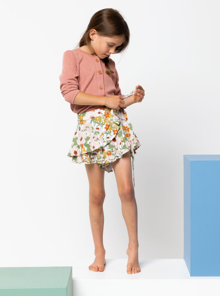 Margot Kids Skort By Style Arc - Cute skort with frills and front over lay which ties on the side, for kids 2 - 8