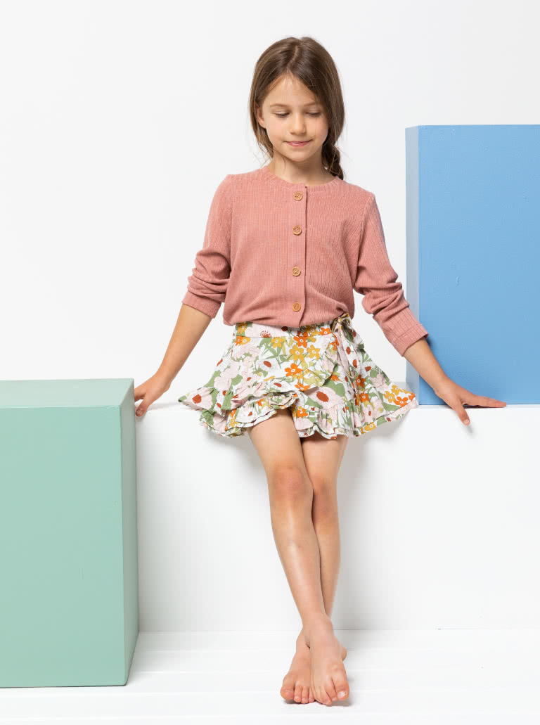Margot Kids Skort By Style Arc - Cute skort with frills and front over lay which ties on the side, for kids 2 - 8