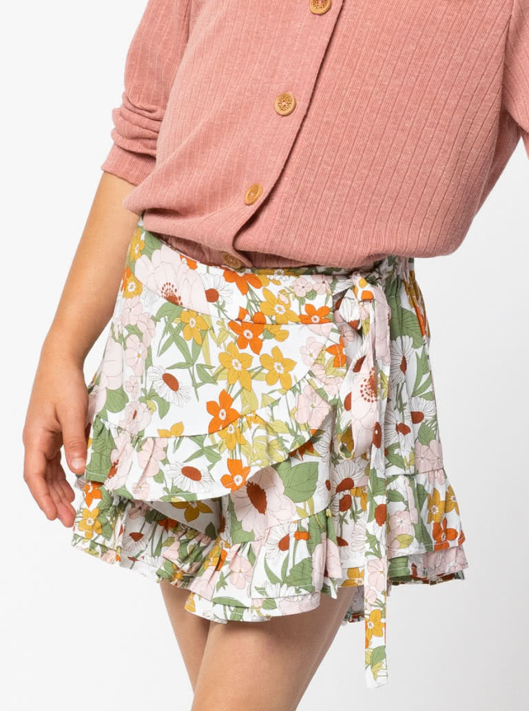Margot Kids Skort By Style Arc - Cute skort with frills and front over lay which ties on the side, for kids 2 - 8