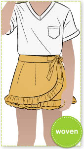 Margot Kids Skort By Style Arc - Cute skort with frills and front over lay which ties on the side, for kids 2 - 8