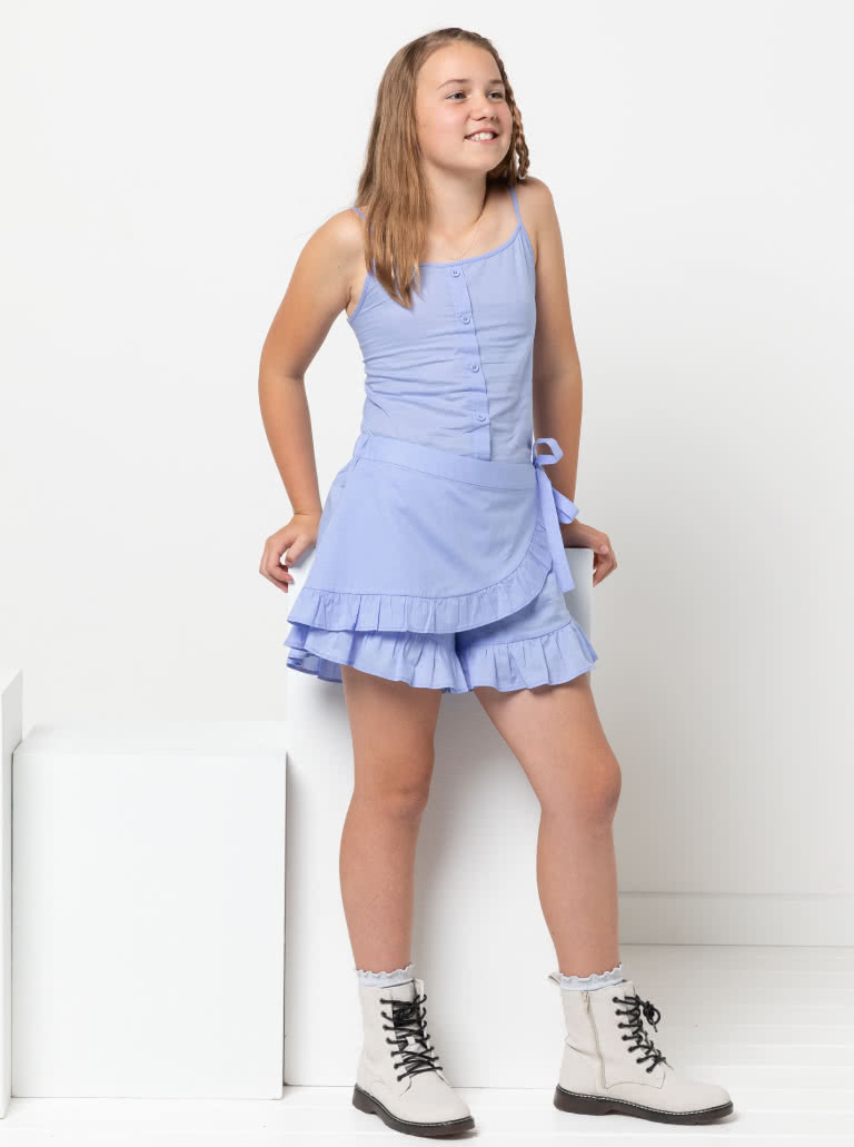 Margot Teens Skort By Style Arc - Skort with frills and optional front overlay which ties on the side, for teens 8 - 16