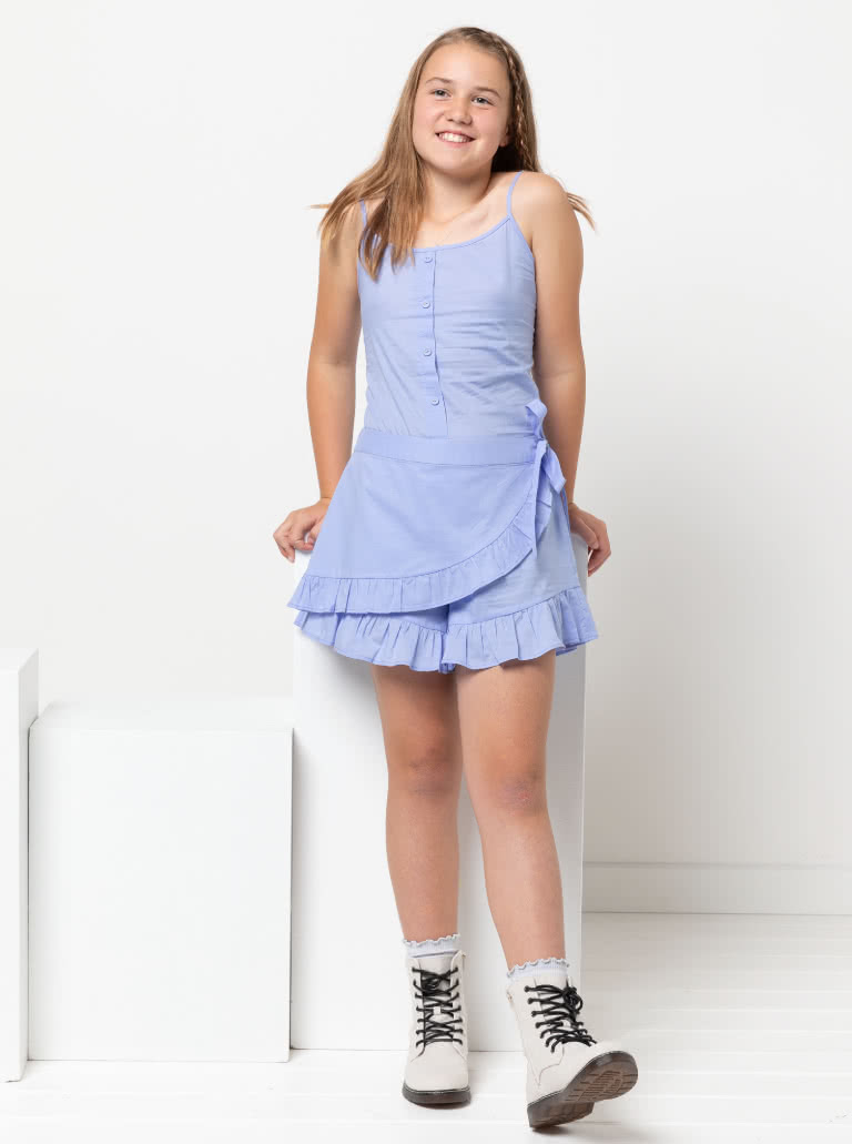 Margot Teens Skort By Style Arc - Skort with frills and optional front overlay which ties on the side, for teens 8 - 16