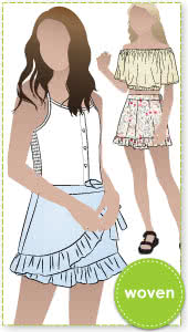 Margot Teens Skort By Style Arc - Skort with frills and optional front overlay which ties on the side, for teens 8 - 16