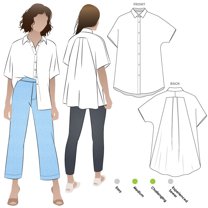 Martha Overshirt Sewing Pattern By Style Arc - Designer shirt featuring a swing back, extended shoulder and a neat shirt collar.