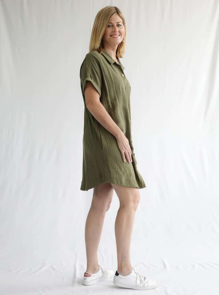 Max Tunic Dress By Style Arc - Button through tunic featuring dropped shoulders, shaped hem, collar and inseam pockets