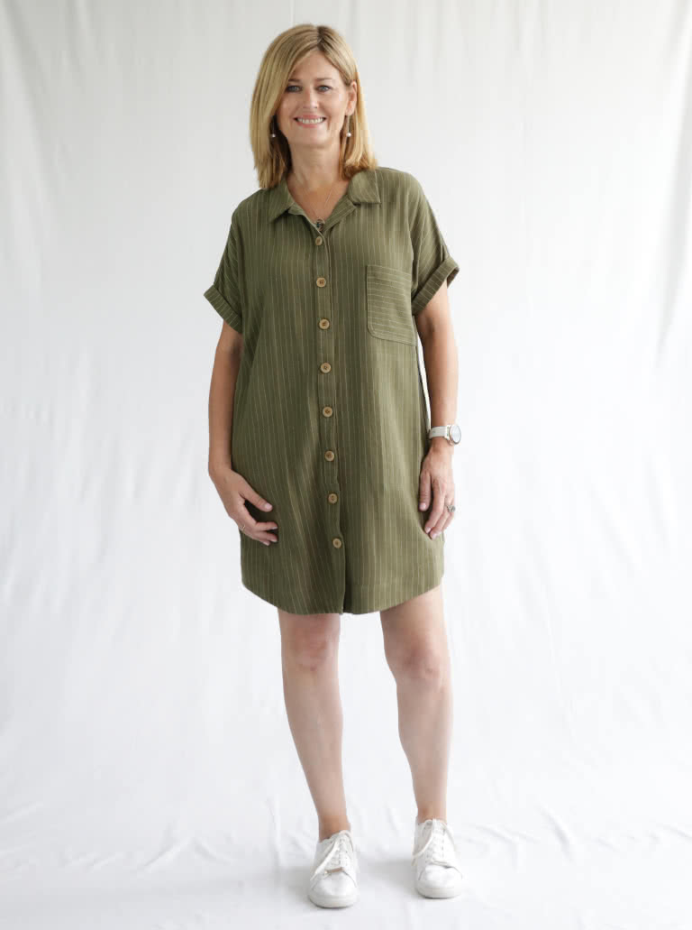 Max Tunic Dress By Style Arc - Button through tunic featuring dropped shoulders, shaped hem, collar and inseam pockets