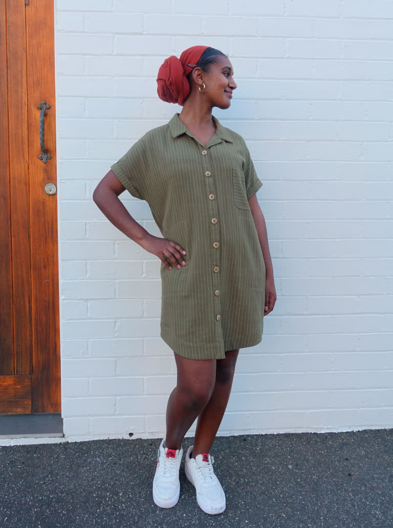 Max Tunic Dress By Style Arc - Button through tunic featuring dropped shoulders, shaped hem, collar and inseam pockets