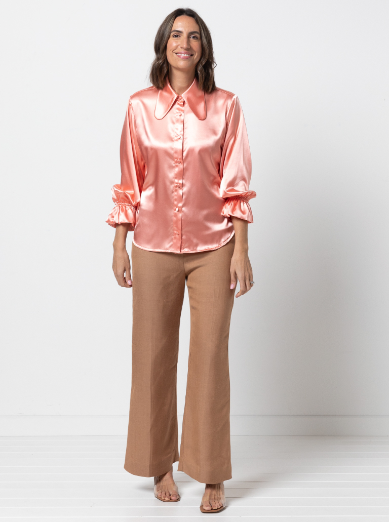 McKenzie Woven Pant Sewing Pattern By Style Arc - Fashionable pant featuring a shaped waist band, side zip and slight flared leg.