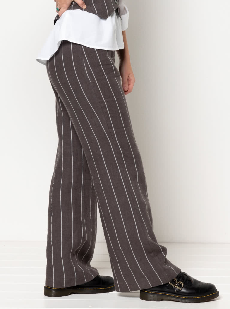 McKenzie Woven Pant Sewing Pattern By Style Arc - Fashionable pant featuring a shaped waist band, side zip and slight flared leg.