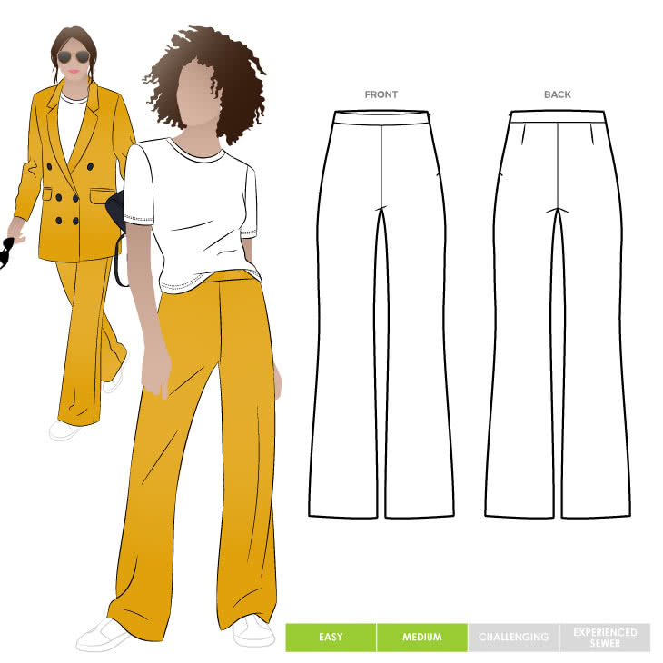 McKenzie Woven Pant Sewing Pattern By Style Arc - Fashionable pant featuring a shaped waist band, side zip and slight flared leg.