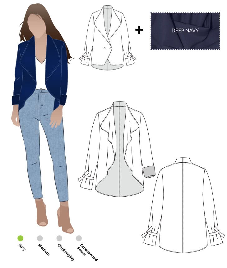 Meghan Jacket + Navy Ponte Knit Fabric Sewing Pattern Fabric Bundle By Style Arc