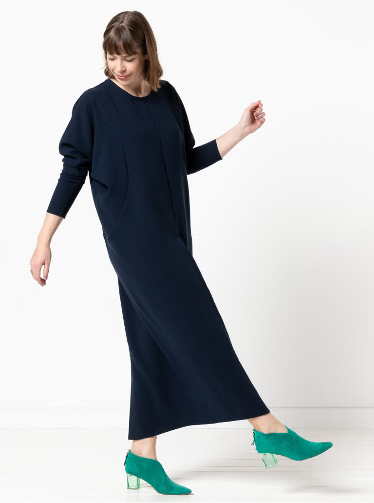 Meredith Woven Dress By Style Arc - Column silhouette with a dolman sleeve and round bound neck.