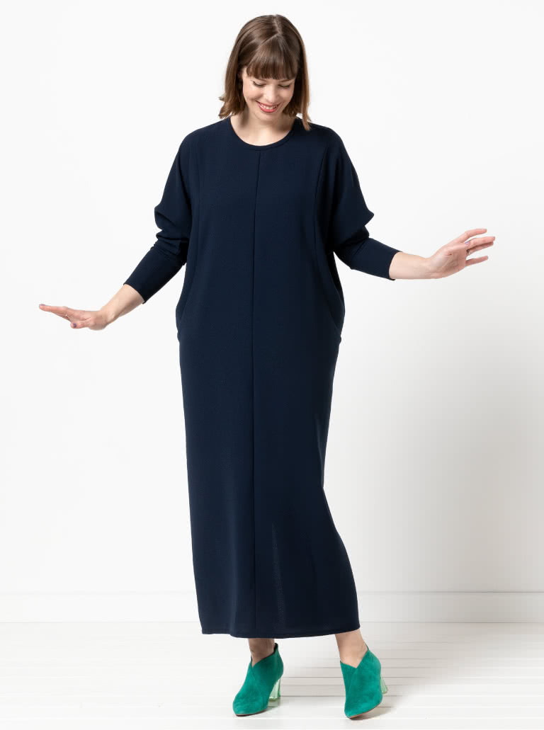 Meredith Woven Dress By Style Arc - Column silhouette with a dolman sleeve and round bound neck.
