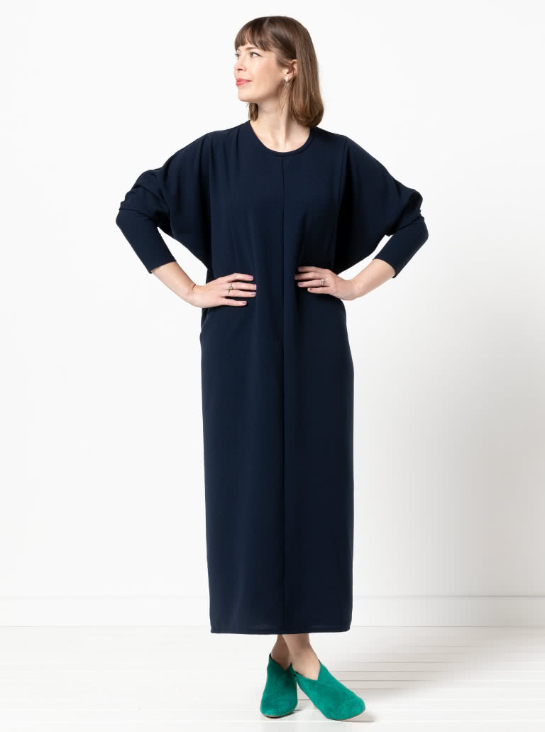 Meredith Woven Dress By Style Arc - Column silhouette with a dolman sleeve and round bound neck.