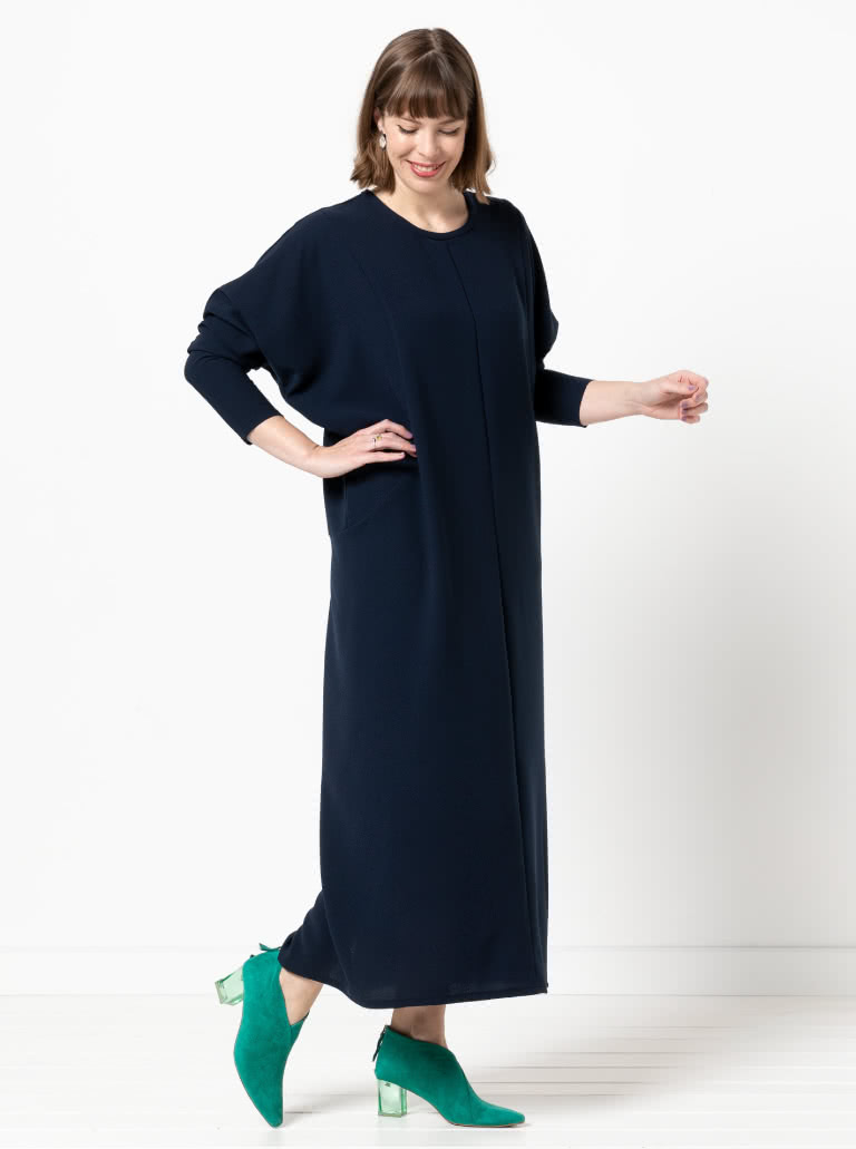 Meredith Woven Dress By Style Arc - Column silhouette with a dolman sleeve and round bound neck.