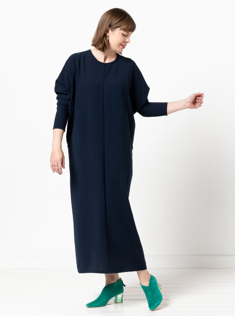 Meredith Woven Dress By Style Arc - Column silhouette with a dolman sleeve and round bound neck.