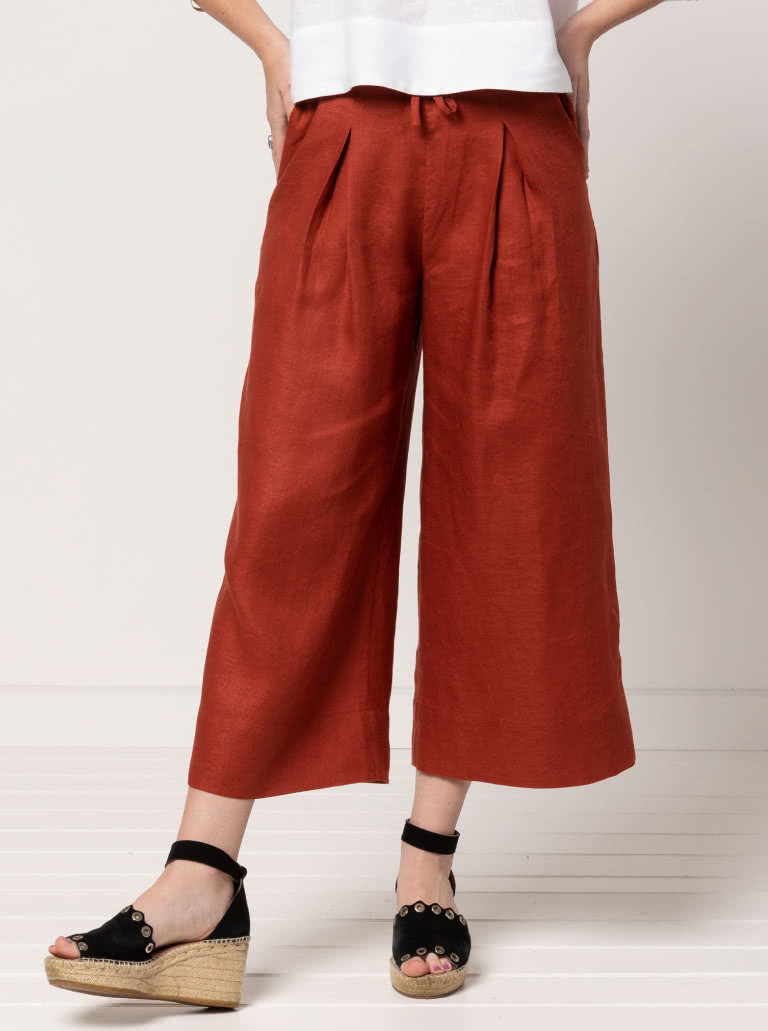 Milan Woven Pant By Style Arc - Wide leg, pull on pant, ankle length, inverted pleats, elastic waist with drawstring tie.