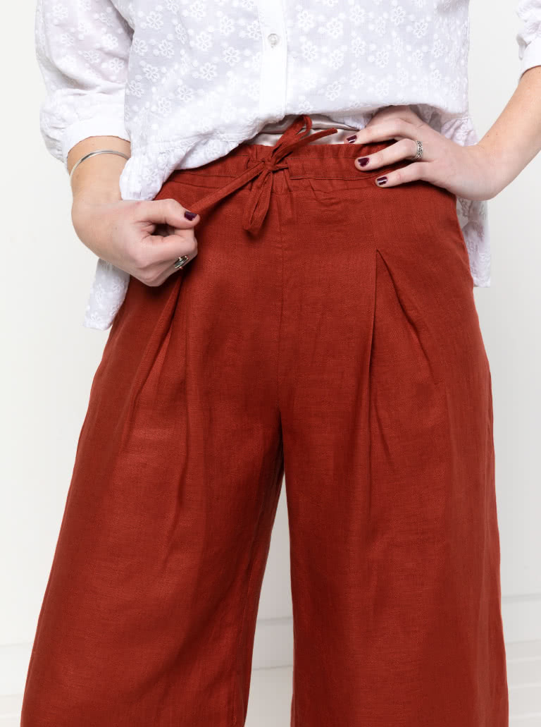 Milan Woven Pant By Style Arc - Wide leg, pull on pant, ankle length, inverted pleats, elastic waist with drawstring tie.