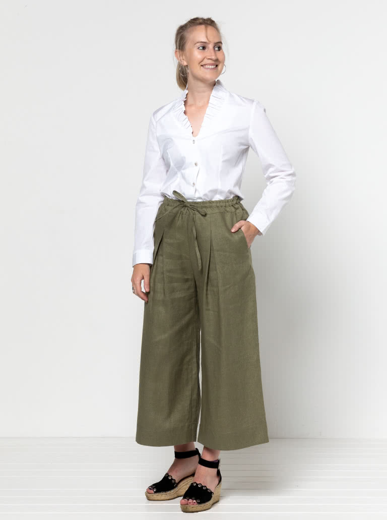 Milan Woven Pant By Style Arc - Wide leg, pull on pant, ankle length, inverted pleats, elastic waist with drawstring tie.