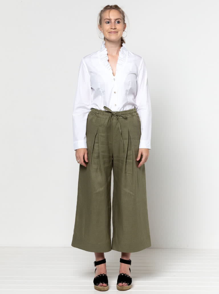 Milan Woven Pant By Style Arc - Wide leg, pull on pant, ankle length, inverted pleats, elastic waist with drawstring tie.